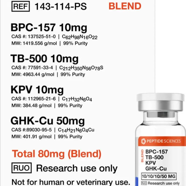 BPC-157, TB-500, KPV, GHK-Cu 80mg (Klow Blend) - Peptide Sciences BPC-157, TB-500, KPV, GHK-Cu 80mg (Klow Blend) - Peptide Sciences